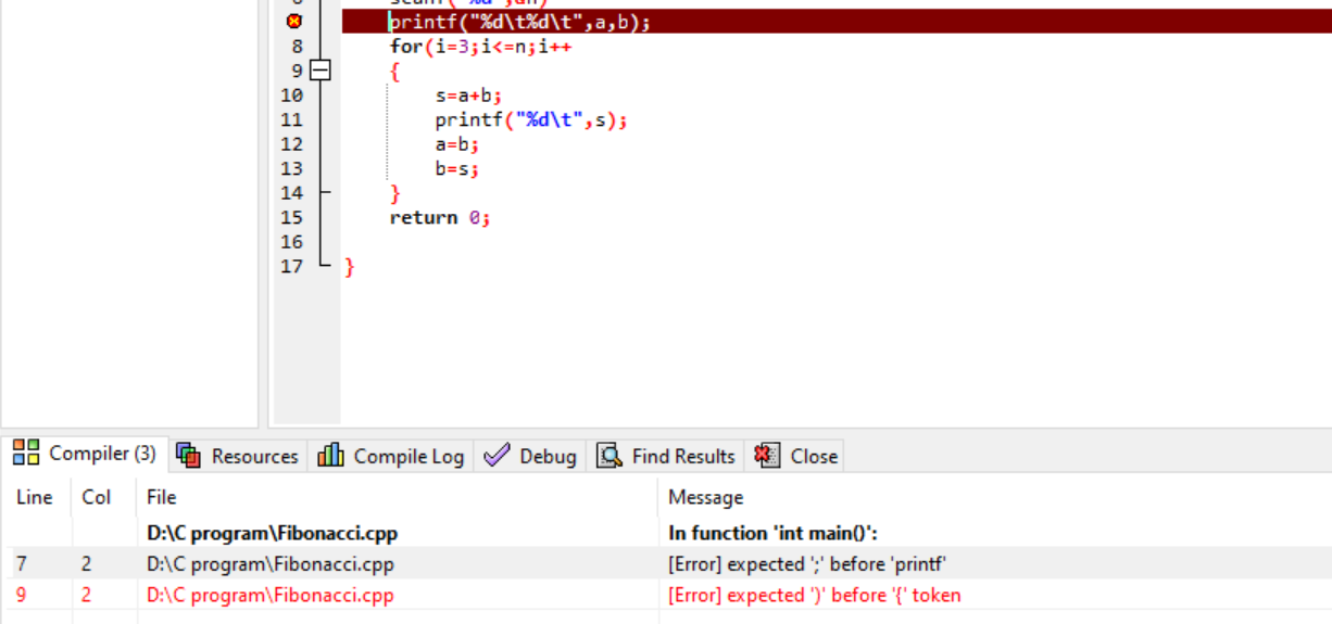 errors displayed at the end 